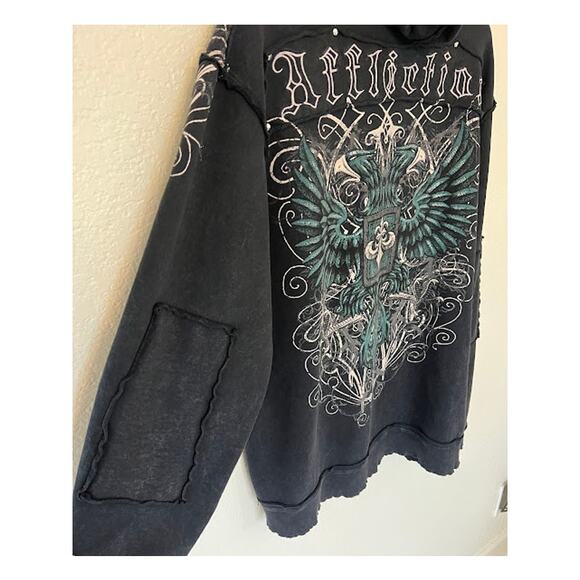 Y2K Affliction Grunge Studded Full Zip Hoodie Jacket XL Black Gray Distressedk - Picture 5 of 9